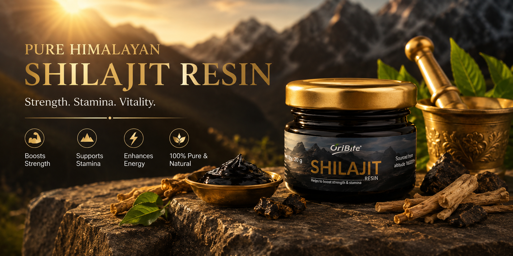"A small glass jar of Oribite Pure Himalayan Shilajit Resin placed on a rustic wood piece next to a golden mortar and pestle, with scenic mountain peaks in the background."