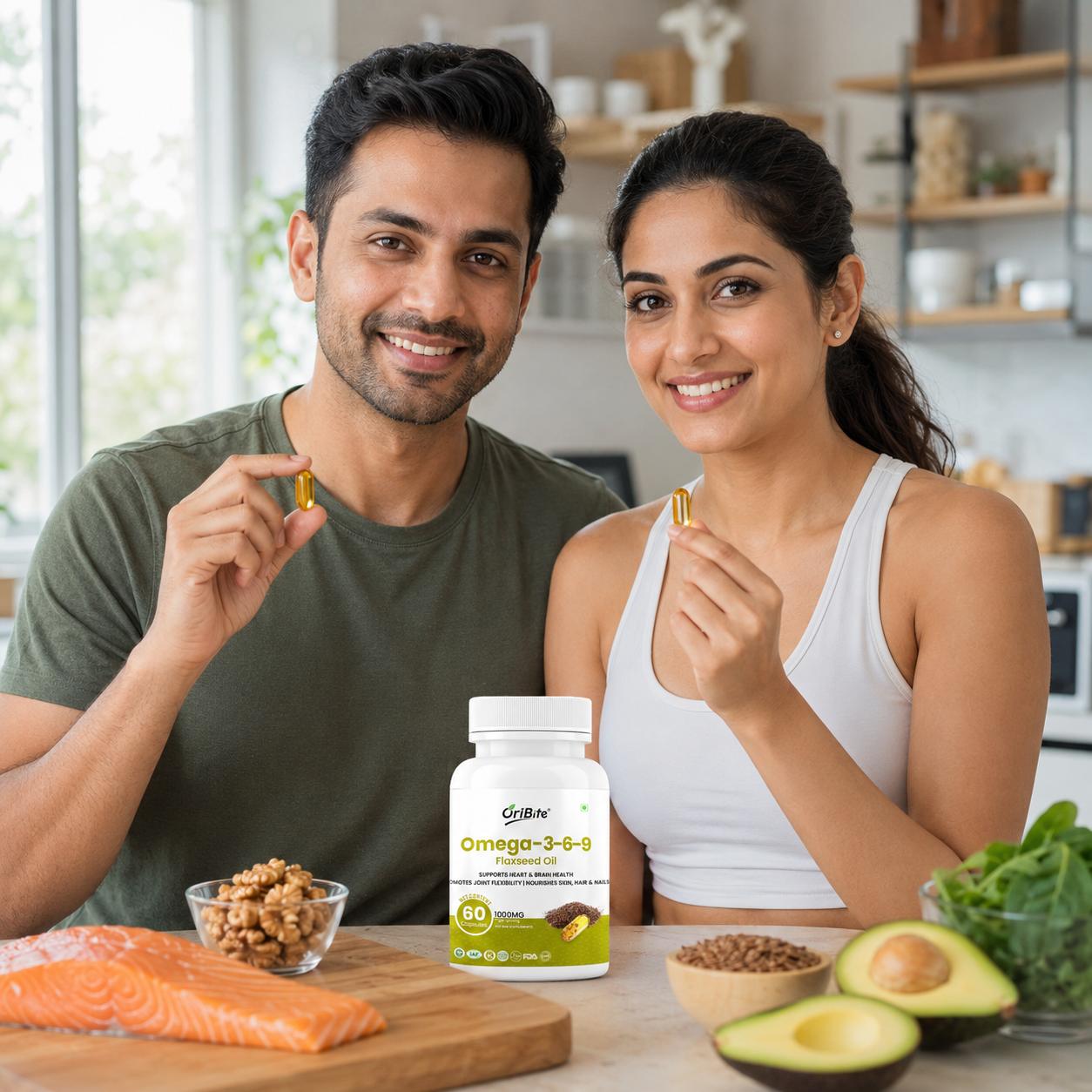 "A smiling man and woman in a kitchen holding an Oribite Omega 3-6-9 Capsules bottle, surrounded by fresh avocados, walnuts, and chia seeds on the counter."