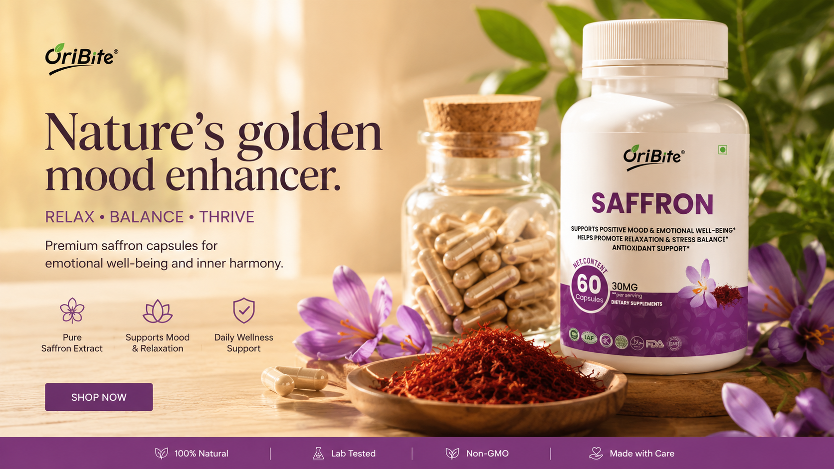 "Oribite Saffron Capsules bottle displayed next to vibrant purple saffron crocus flowers and delicate red saffron strands on a clean, light surface."