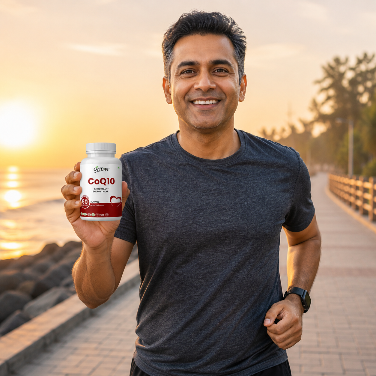 "Oribite CoQ10 Capsules bottle displayed next to a glass of water and a small bowl of heart-healthy nuts and seeds on a bright kitchen counter."