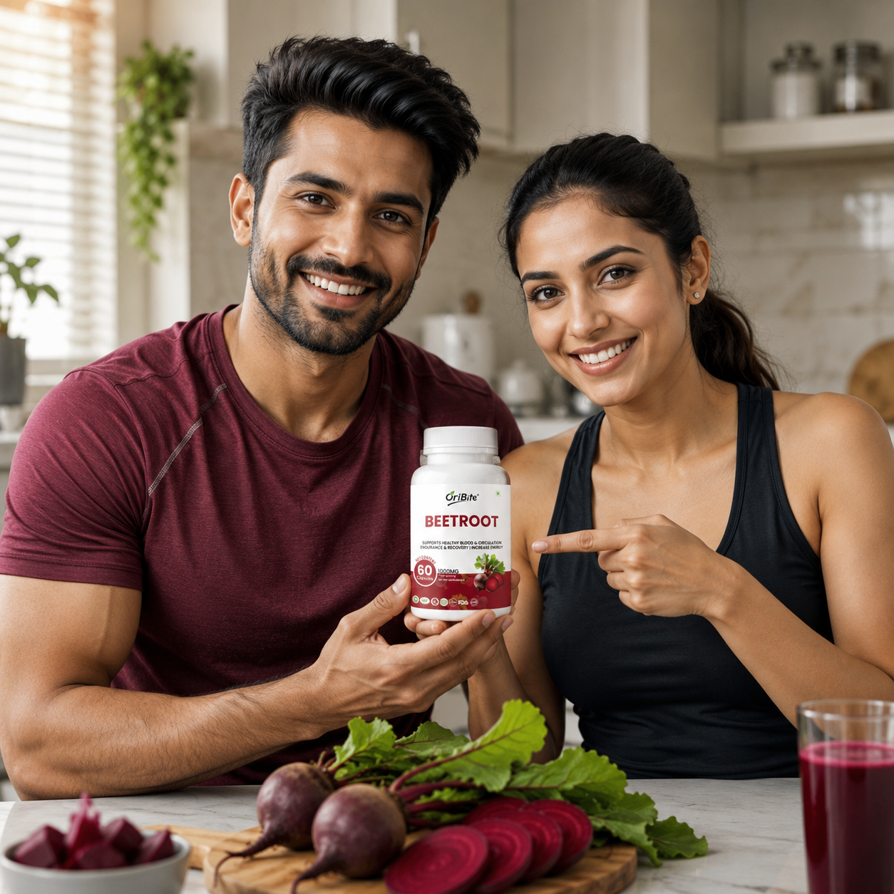 "A smiling man and woman in a kitchen holding a bottle of Oribite beetroot capsules, with fresh whole beetroots and a glass of beetroot juice on the counter."