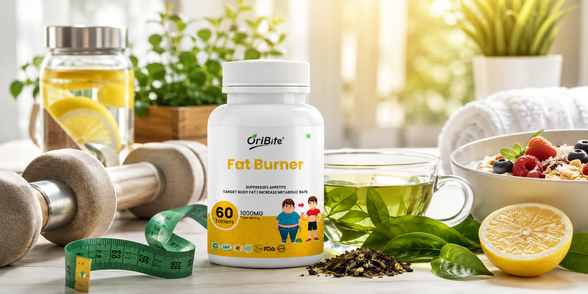"A white bottle of Oribite Fat Burner Tablets on a kitchen counter next to silver dumbbells, a green measuring tape, a glass of green tea, and a sliced lemon."