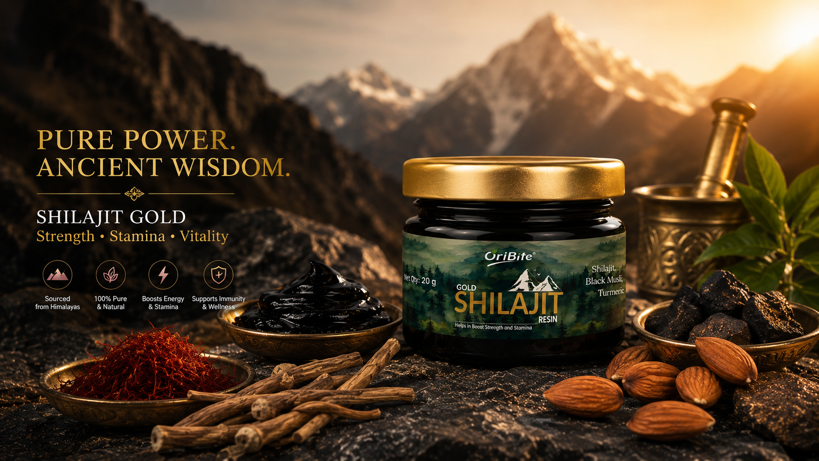 "A dark glass jar of Oribite Shilajit Gold placed on a rustic wood slice next to raw shilajit pieces and almonds, with a dramatic golden mountain peak background and text reading 'Pure Power, Ancient Wisdom'."
