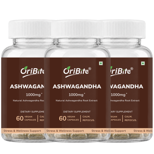 Three clear plastic bottles of OriBite Ashwagandha 1000mg dietary supplements with white caps and dark brown labels, arranged side by side on a white background.