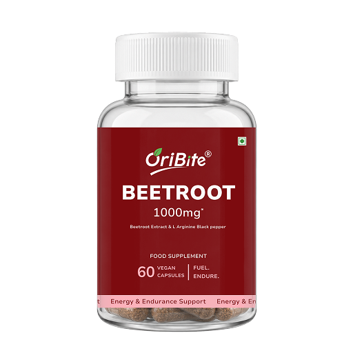 A clear plastic bottle of OriBite Beetroot 1000mg food supplement with a white cap and a deep red label, containing 60 vegan capsules.