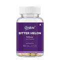 A clear plastic bottle of OriBite Bitter Melon 500mg dietary supplement capsules, featuring a prominent purple label and a white cap, set against a plain white background.
