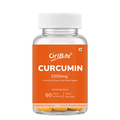 A clear plastic supplement bottle with a white ribbed cap and a bright orange label. The label reads OriBite Curcumin 1000mg and shows yellow-orange capsules inside.