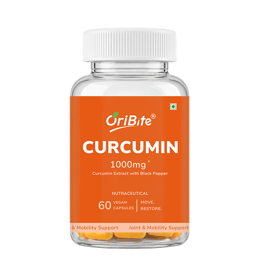 A clear plastic supplement bottle with a white ribbed cap and a bright orange label. The label reads OriBite Curcumin 1000mg and shows yellow-orange capsules inside.