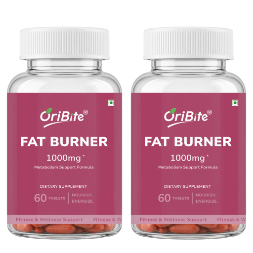 Two clear plastic bottles of OriBite Fat Burner 1000mg dietary supplement with white caps and magenta labels, shown side by side on a white background.