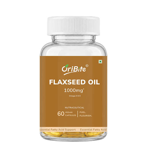 A clear plastic bottle of OriBite Flaxseed Oil 1000mg with a white cap and a brown label, containing 60 vegan capsules, shown on a plain white background.
