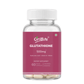 A clear plastic bottle of OriBite Glutathione 500mg dietary supplement with a white cap and a magenta label, containing 60 vegan capsules, shown on a white background.