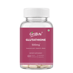 A clear plastic bottle of OriBite Glutathione 500mg dietary supplement with a white cap and a magenta label, containing 60 vegan capsules, shown on a white background.