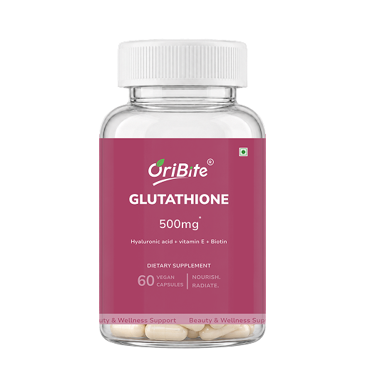 A clear plastic bottle of OriBite Glutathione 500mg dietary supplement with a white cap and a magenta label, containing 60 vegan capsules, shown on a white background.
