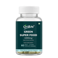 A clear plastic bottle of OriBite Green Super Food dietary supplement with a white cap and a dark green label, containing 60 vegan capsules.