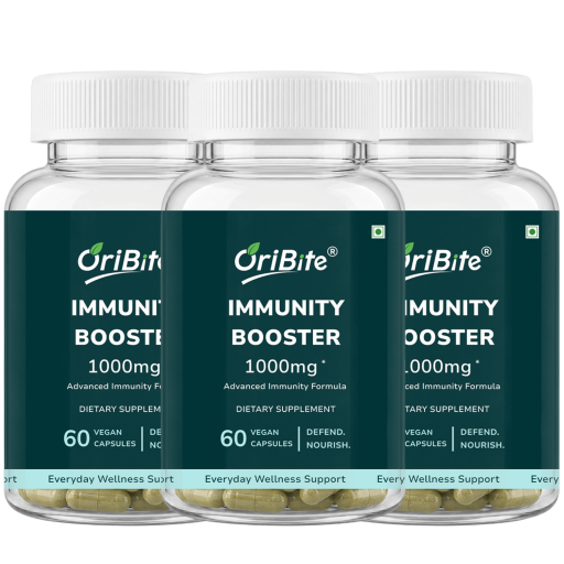 Three clear plastic bottles of OriBite Immunity Booster 1000mg dietary supplements with white caps and dark green labels, arranged in a row against a white background.