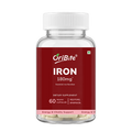 A clear plastic bottle of OriBite Iron 180mg dietary supplement with a white cap and a dark red label, containing 60 vegan capsules.