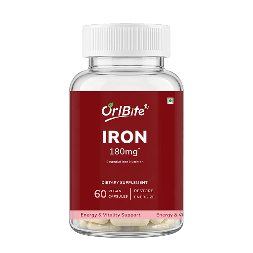 A clear plastic bottle of OriBite Iron 180mg dietary supplement with a white cap and a dark red label, containing 60 vegan capsules.