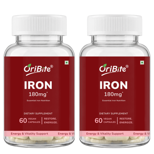 Two clear plastic bottles of OriBite Iron 180mg dietary supplement with white ribbed caps and deep red labels, shown side by side on a white background.