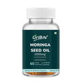 A clear plastic bottle of OriBite Moringa Seed Oil 1000mg, featuring a dark green label with white text and a white ribbed cap, set against a plain white background.