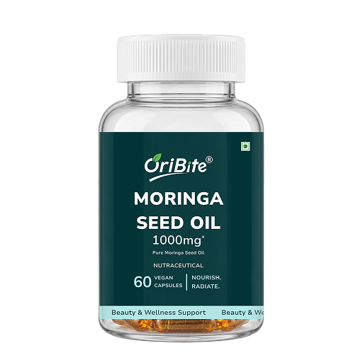 A clear plastic bottle of OriBite Moringa Seed Oil 1000mg, featuring a dark green label with white text and a white ribbed cap, set against a plain white background.