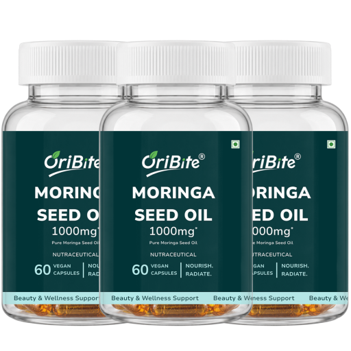 Three clear plastic bottles of OriBite Moringa Seed Oil 1000mg, arranged in a row against a plain white background.
