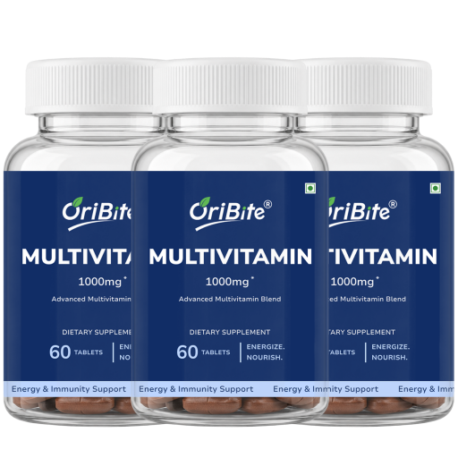 Three clear plastic bottles of OriBite Multivitamin 1000mg dietary supplements with white caps and dark blue labels, arranged side by side on a white background.