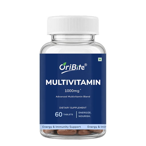 A clear plastic bottle of OriBite Multivitamin 1000mg dietary supplement with a white cap and a dark blue label, containing 60 brown tablets visible at the bottom, on a white background.