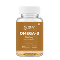 A clear plastic bottle of OriBite Omega-3 dietary supplement with a white cap and a brown label, containing yellow softgel capsules, on a plain white background.