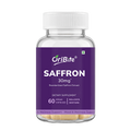 A bottle of OriBite Saffron 30mg dietary supplement, featuring a white cap and a purple label with white text, containing 60 vegan capsules.