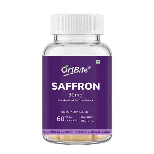 A bottle of OriBite Saffron 30mg dietary supplement, featuring a white cap and a purple label with white text, containing 60 vegan capsules.