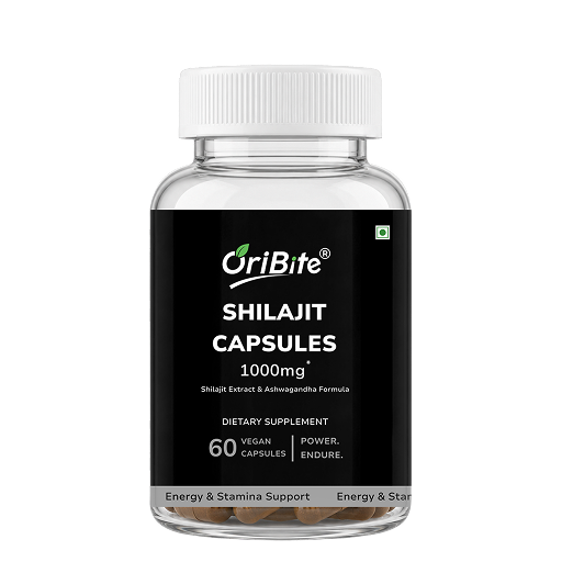 A clear plastic bottle of OriBite Shilajit Capsules with a white ribbed cap and a black label, shown on a plain white background.