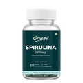 A clear plastic bottle of OriBite Spirulina 1000mg food supplement with a white cap and a dark green label, containing 60 vegan capsules.