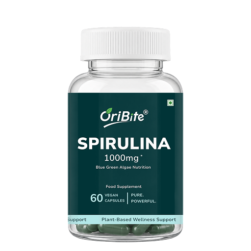 A clear plastic bottle of OriBite Spirulina 1000mg food supplement with a white cap and a dark green label, containing 60 vegan capsules.