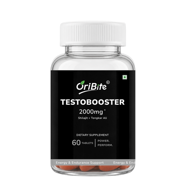 A clear plastic bottle of OriBite Testobooter dietary supplement with a white cap and a black label, containing 60 orange-red tablets visible at the bottom, on a white background.