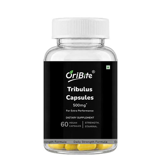 A clear plastic bottle of OriBite Tribulus Capsules 500mg, featuring a white ribbed cap and a black label with white text. Yellow capsules are visible inside the clear bottle at the bottom.