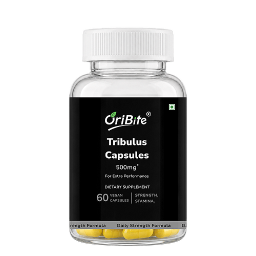 A clear plastic bottle of OriBite Tribulus Capsules 500mg, featuring a white ribbed cap and a black label with white text. Yellow capsules are visible inside the clear bottle at the bottom.