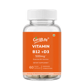 A clear plastic bottle of OriBite Vitamin B12 + D3 dietary supplement with a white cap and a bright orange label, containing 60 vegan capsules.