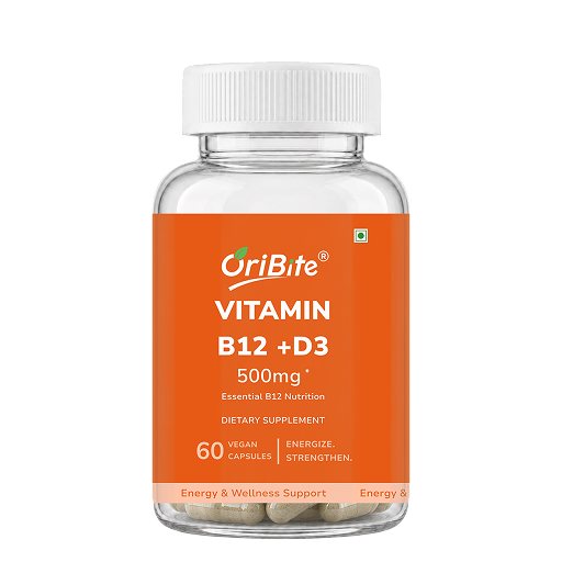 A clear plastic bottle of OriBite Vitamin B12 + D3 dietary supplement with a white cap and a bright orange label, containing 60 vegan capsules.