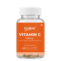 A clear plastic bottle of OriBite Vitamin C 500mg dietary supplement with a white ribbed cap and a bright orange label, containing 60 vegan capsules.