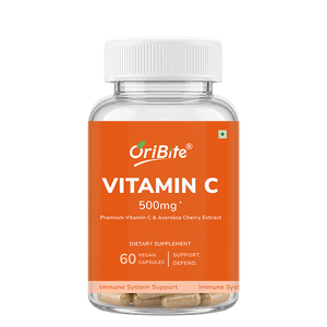 A clear plastic bottle of OriBite Vitamin C 500mg dietary supplement with a white ribbed cap and a bright orange label, containing 60 vegan capsules.