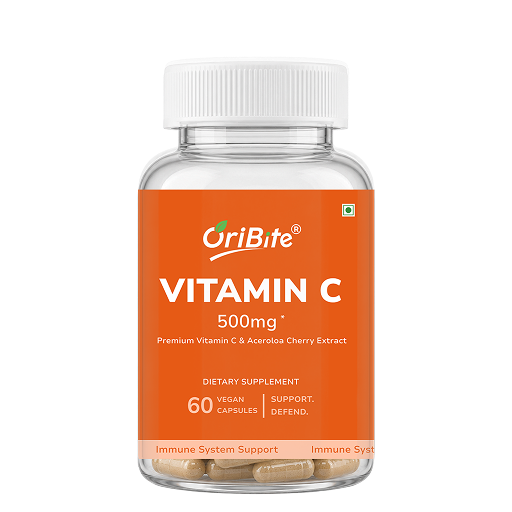 A clear plastic bottle of OriBite Vitamin C 500mg dietary supplement with a white ribbed cap and a bright orange label, containing 60 vegan capsules.
