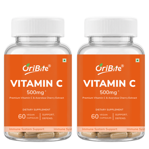 Two clear plastic bottles of OriBite Vitamin C 500mg dietary supplement with white caps and bright orange labels, shown side by side on a white background.