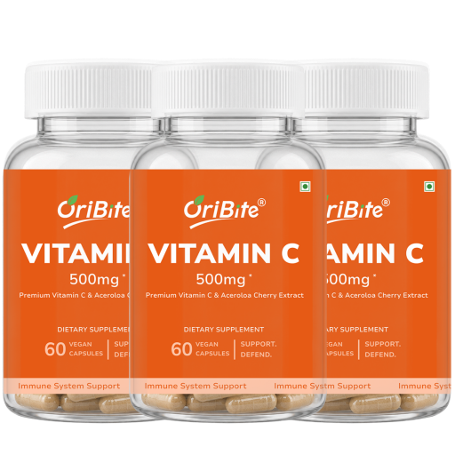 Three clear plastic bottles of OriBite Vitamin C 500mg dietary supplement with white caps and orange labels, arranged side by side on a white background.