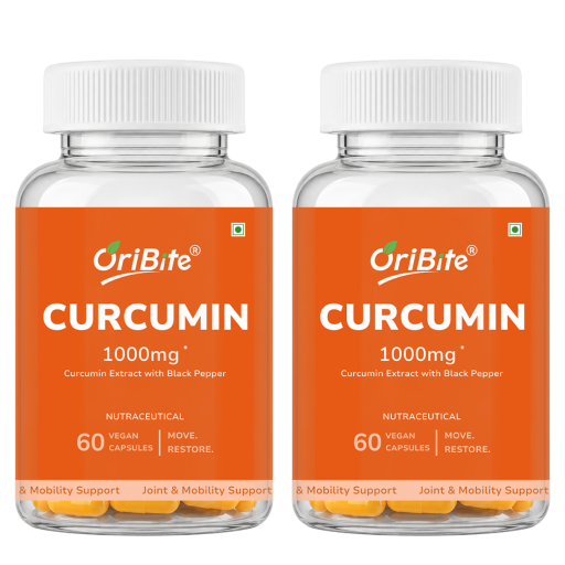 Two clear plastic supplement bottles of OriBite Curcumin 1000mg with white caps and bright orange labels, shown side by side on a white background.