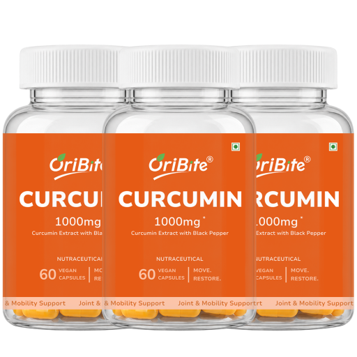 Three clear plastic bottles of OriBite Curcumin 1000mg dietary supplements with white ribbed caps and bright orange labels, arranged side-by-side on a white background.
