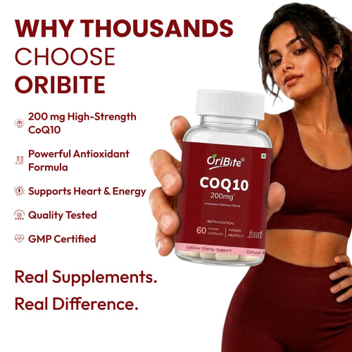 A woman in a maroon sports bra and matching leggings holds a bottle of Oribite COQ10 supplements. The left side features promotional text highlighting key benefits like high strength CoQ10, antioxidant power, heart support, and quality testing.