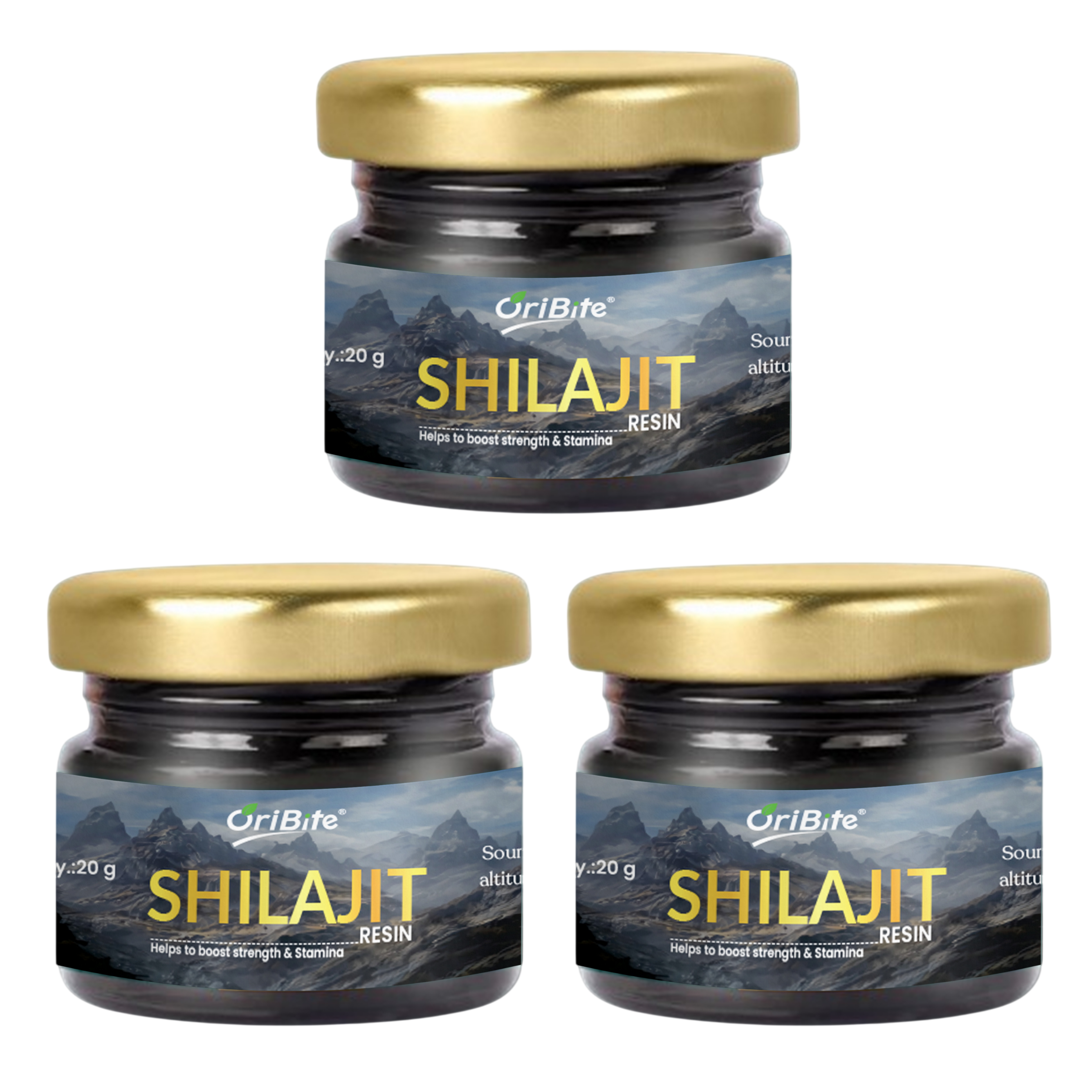 Three small jars of OriBrite Shilajit Resin arranged in a triangular layout on a plain white background. Each jar has a metallic gold lid and a dark label with a mountain scene and the text 'OriBrite' and 'SHILAJIT RESIN'.