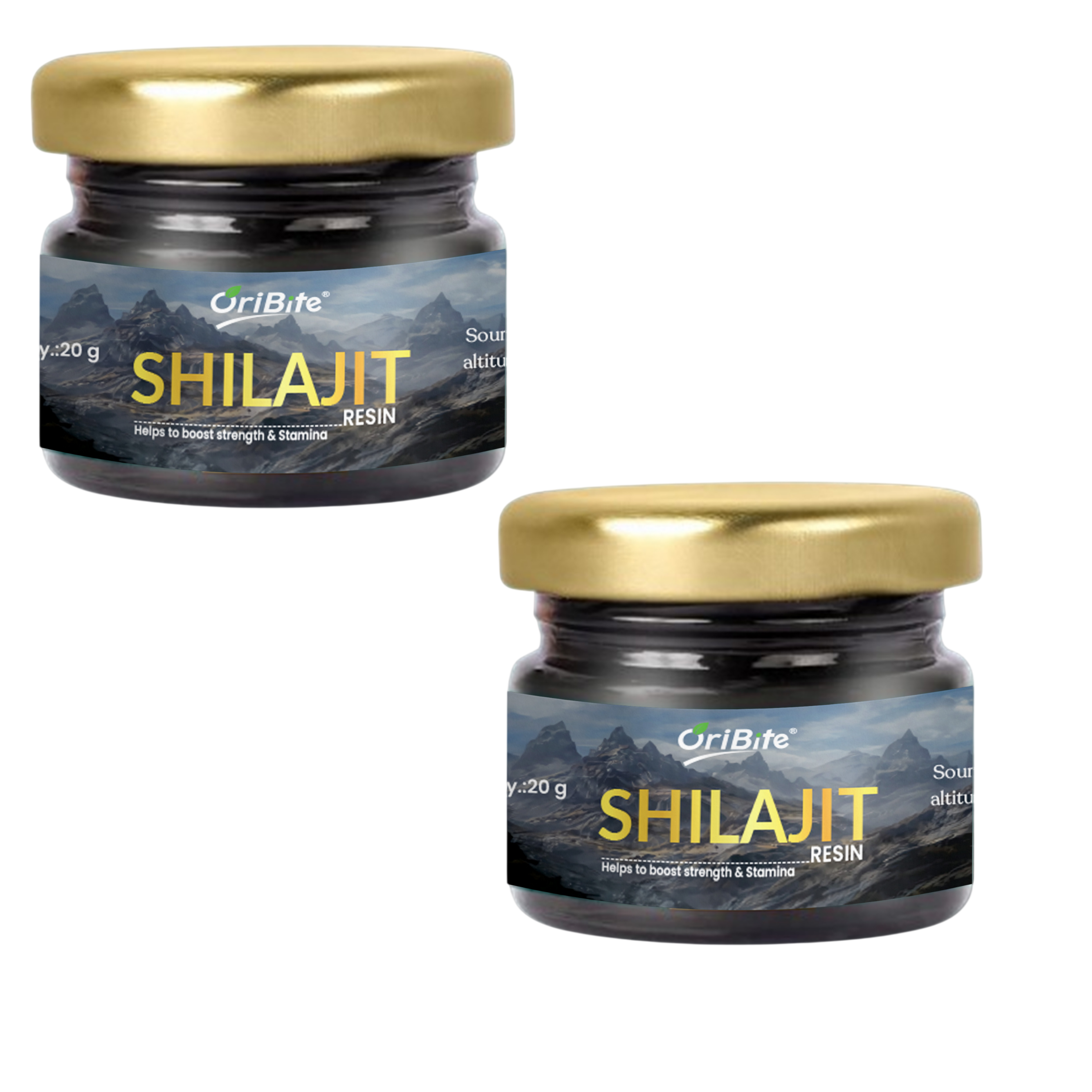 **Oribite Shilajit Resin 20g two-jar product image, showing two dark glass containers with gold lids and Himalayan mountain labels featuring the Oribite brand and “Shilajit Resin” product name.**
