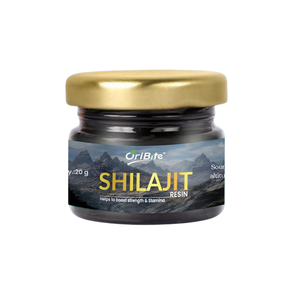 Oribite Shilajit Resin 20g in a dark glass jar with a gold lid, featuring a Himalayan mountain label and the text “Shilajit Resin,” a natural wellness product marketed to support strength and stamina.
