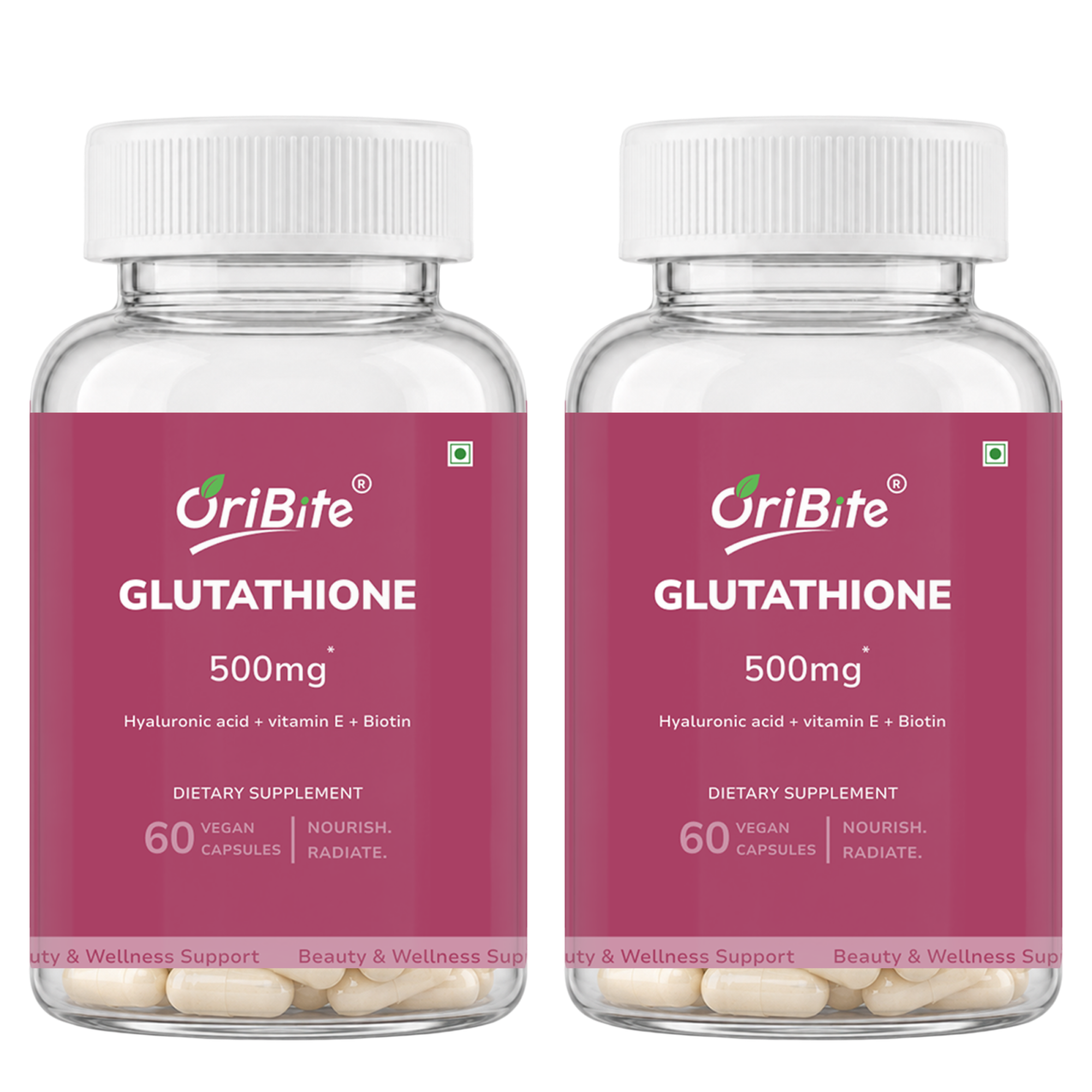 Two clear plastic bottles of OriBite Glutathione 500mg dietary supplement with white caps and pink labels, shown side by side on a white background.